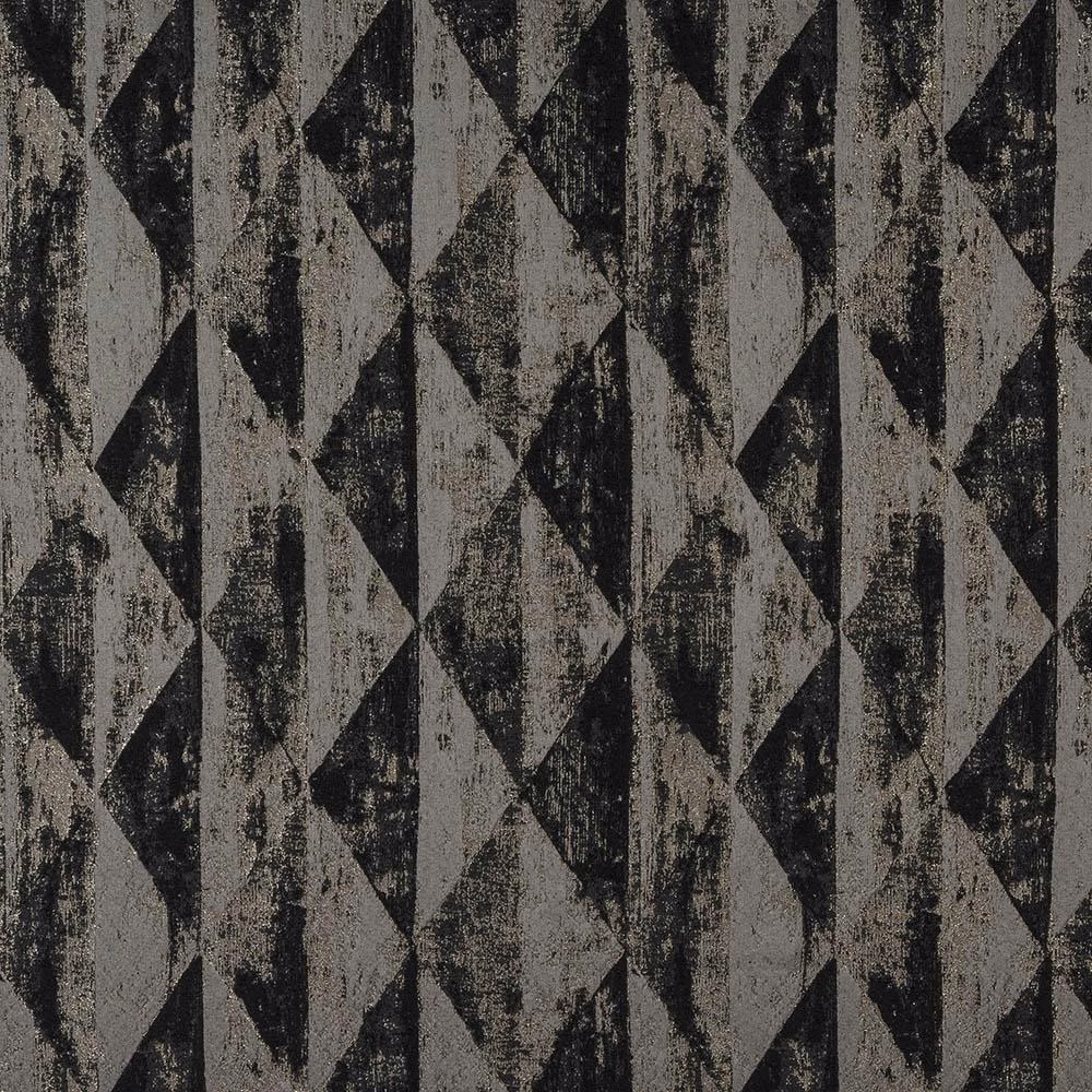 Charcoal geometric woven fabric with grey diamond shapes and metallic flecks