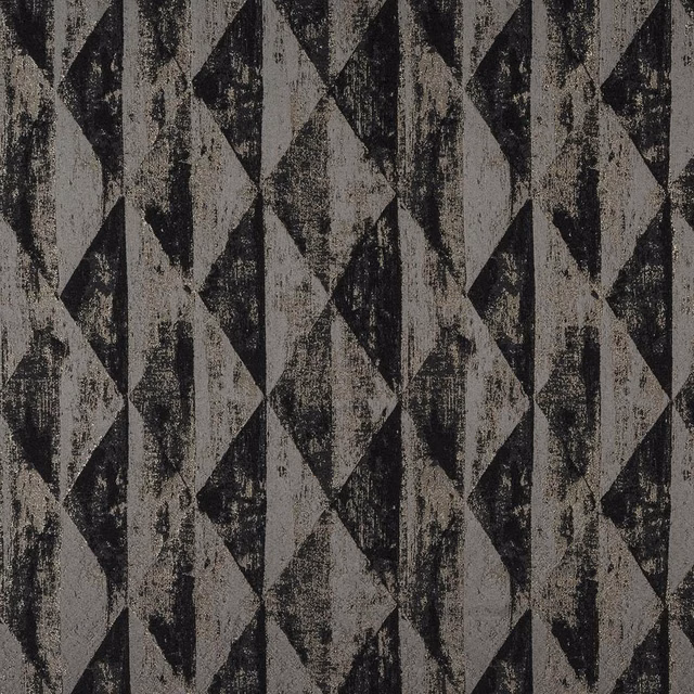Charcoal geometric woven fabric with grey diamond shapes and metallic flecks