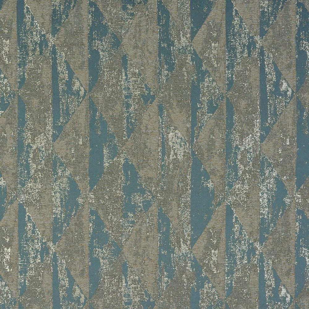 Abstract geometric fabric swatch in duck-egg teal and taupe with subtle metallic fleck