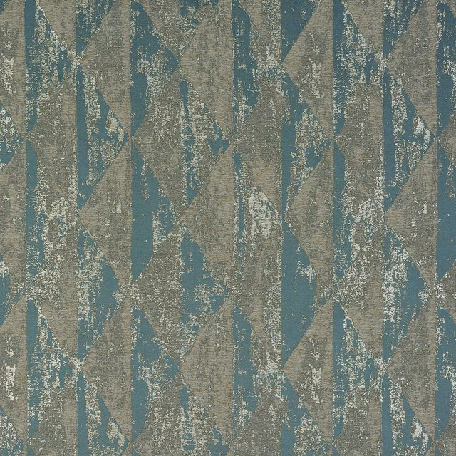 Abstract geometric fabric swatch in duck-egg teal and taupe with subtle metallic fleck