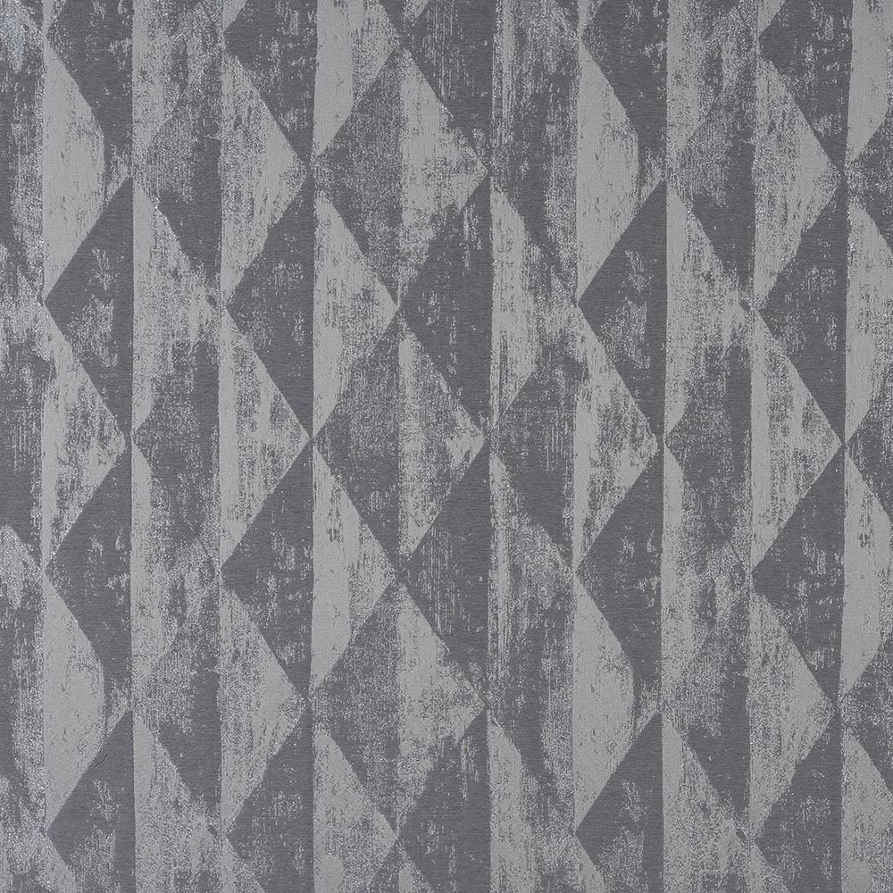 Grey and silver geometric woven fabric with distressed diamond and triangle pattern