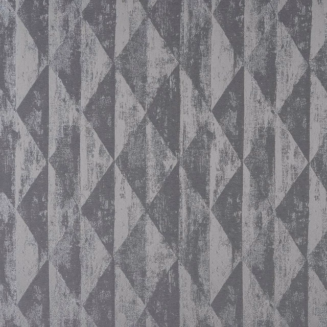 Grey and silver geometric woven fabric with distressed diamond and triangle pattern
