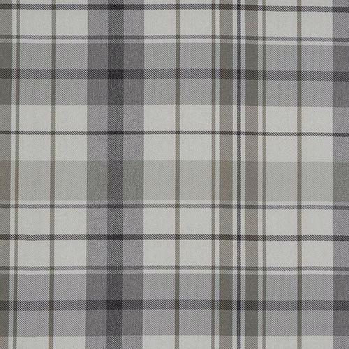 Grey plaid fabric swatch with fine woven check and charcoal stripes