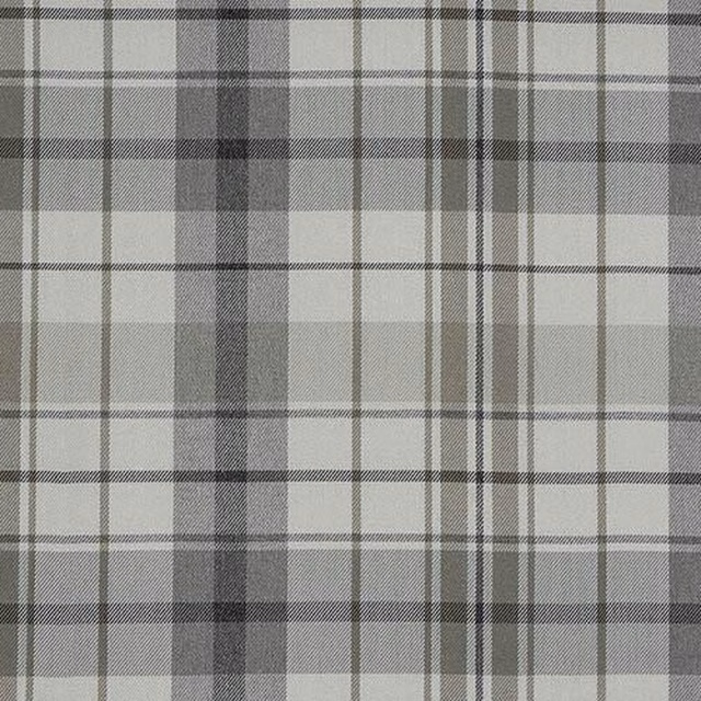 Grey plaid fabric swatch with fine woven check and charcoal stripes