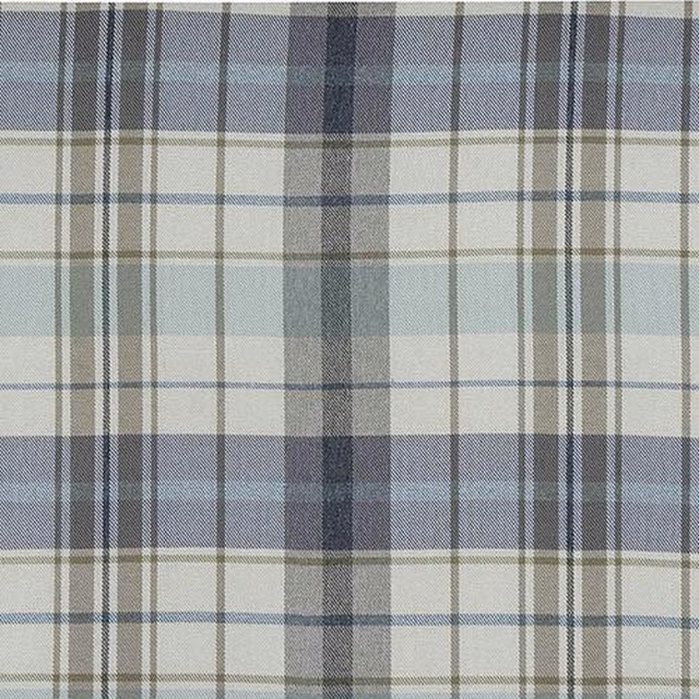 Seafoam and grey checked fabric swatch with soft blue stripes