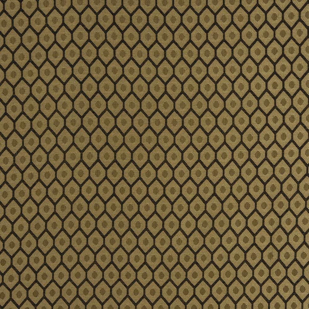 Close-up of a taupe and dark brown geometric woven fabric with small linked diamond motifs.