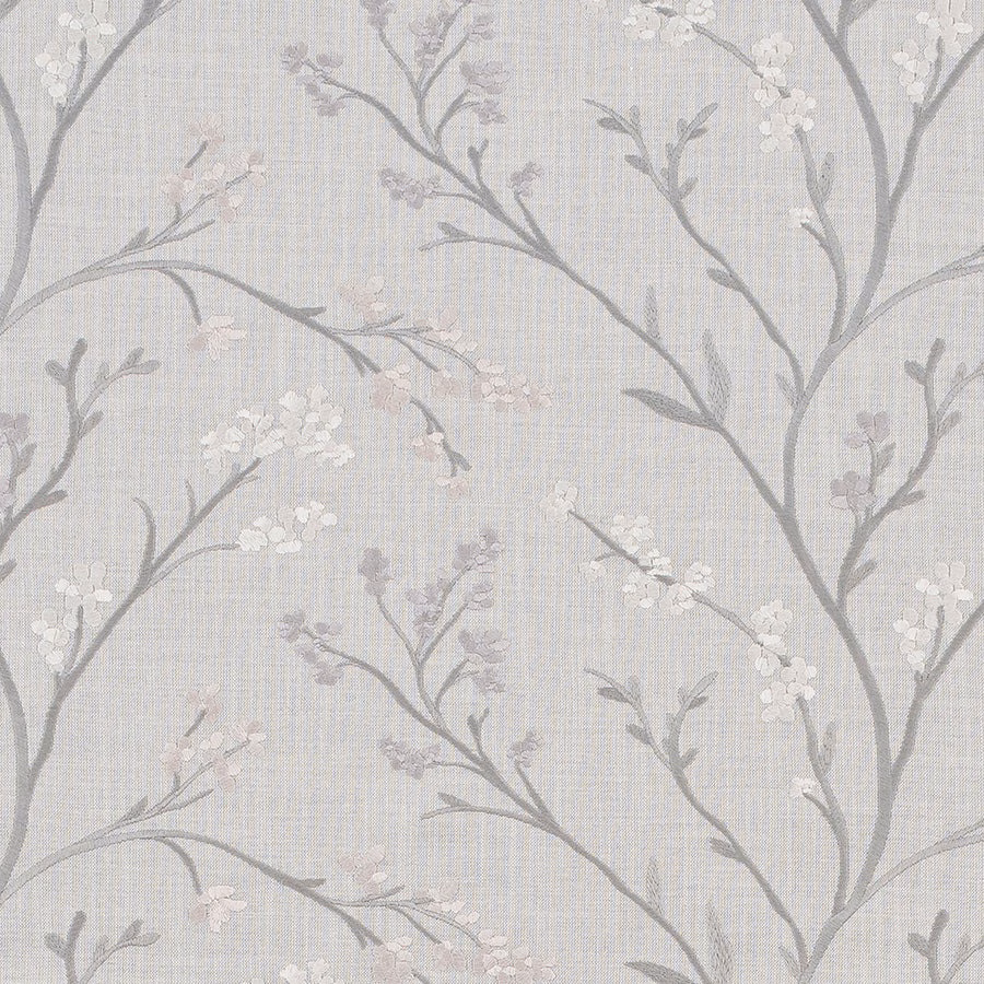 Pale dove-grey floral fabric with slender branches and tiny blossom clusters