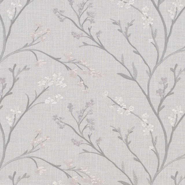 Pale dove-grey floral fabric with slender branches and tiny blossom clusters