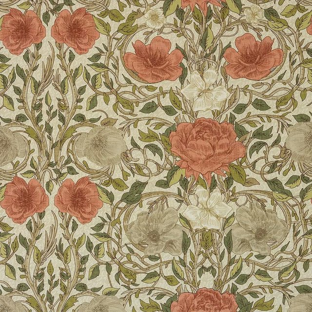 Soft cream floral cotton with coral blooms, olive leaves and trailing vines