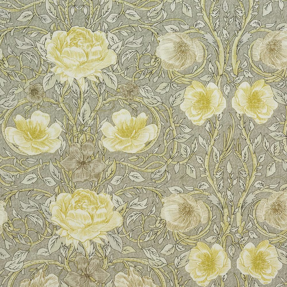 Pale yellow floral cotton fabric on a soft dove-grey ground