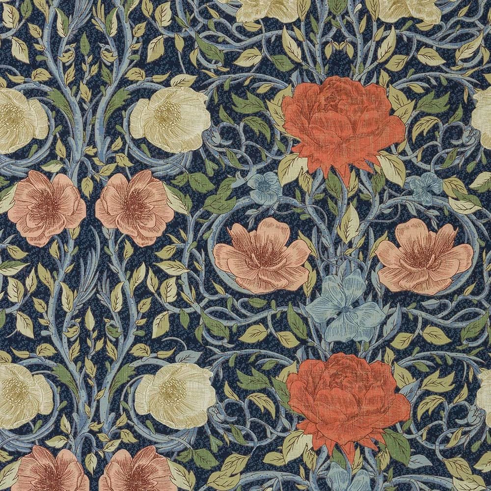 Large floral print on deep indigo cotton with coral, cream and sage flowers