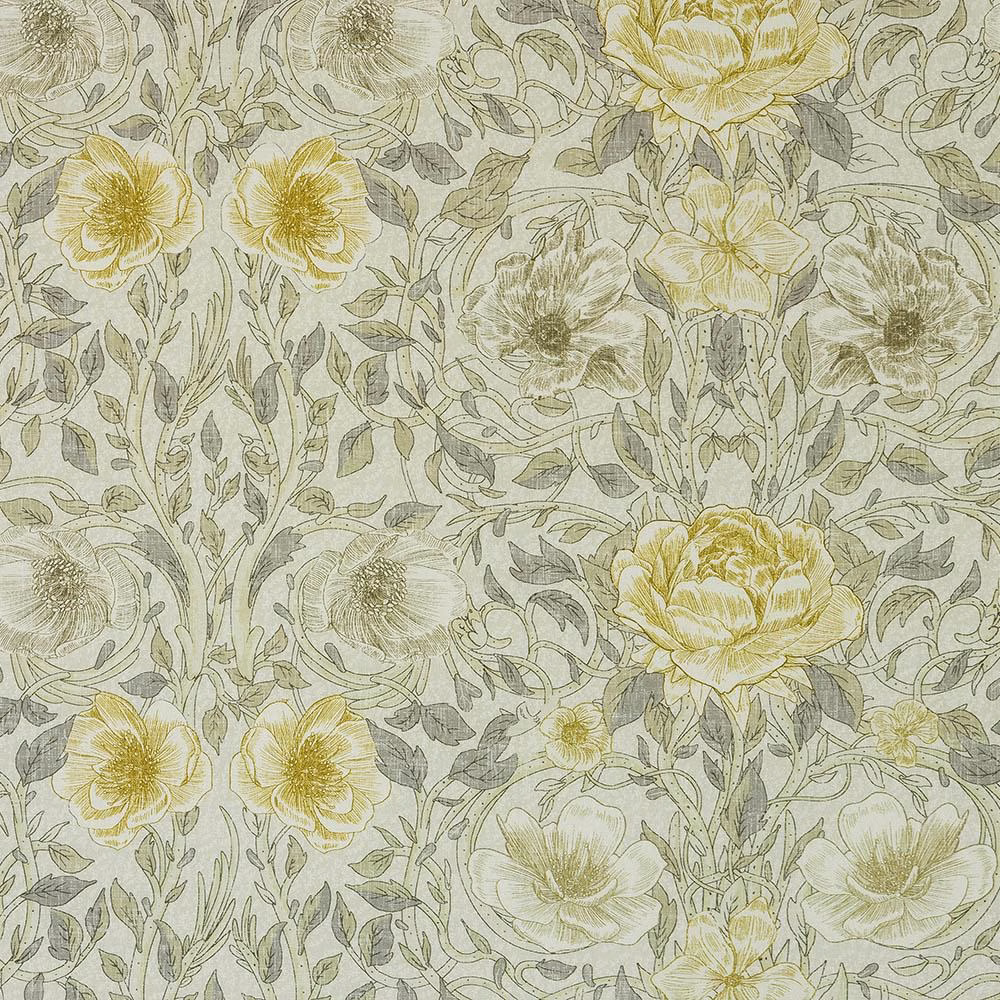 Large floral fabric swatch in soft cream with muted yellow blooms and grey-green foliage