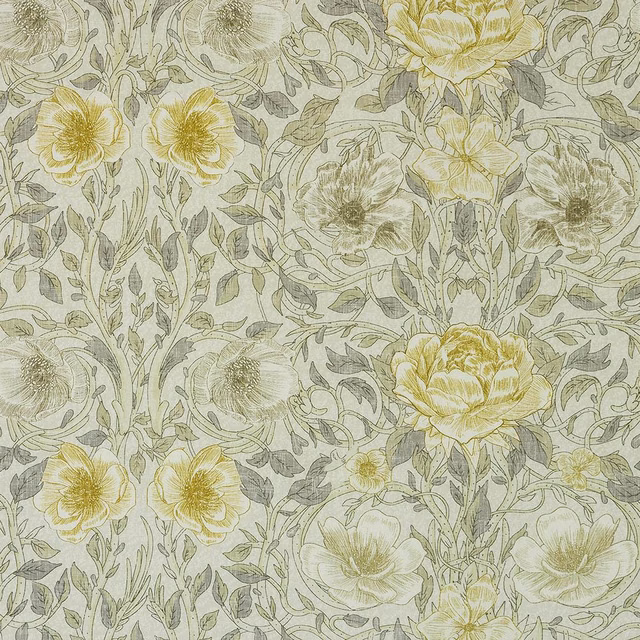 Large floral fabric swatch in soft cream with muted yellow blooms and grey-green foliage