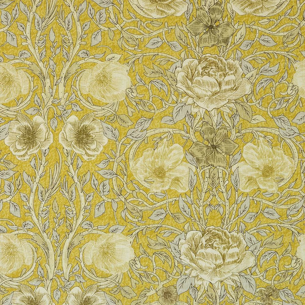 Ochre yellow floral cotton fabric with cream blossoms and olive vine detail