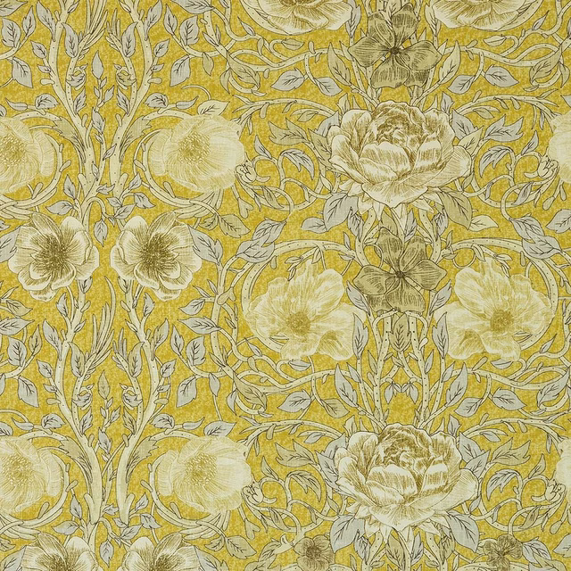 Ochre yellow floral cotton fabric with cream blossoms and olive vine detail