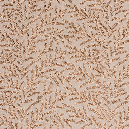 Warm beige fabric swatch with trailing leaf motif in soft spice and terracotta tones