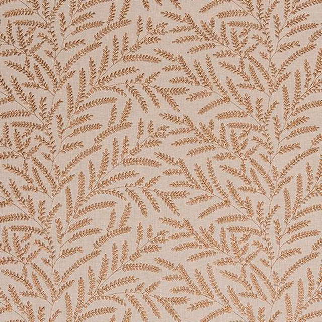 Warm beige fabric swatch with trailing leaf motif in soft spice and terracotta tones