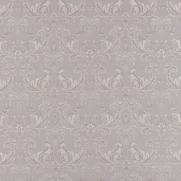 Soft dove grey damask fabric with scrolling birds and foliage pattern