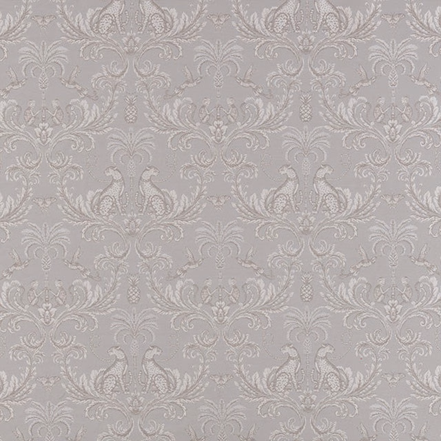 Soft dove grey damask fabric with scrolling birds and foliage pattern