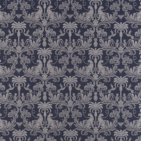 Deep indigo damask fabric with silver-grey ornate scroll pattern