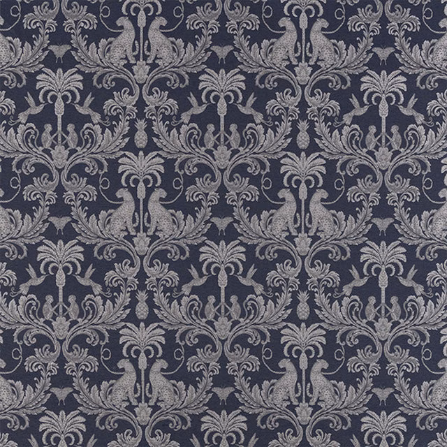 Deep indigo damask fabric with silver-grey ornate scroll pattern