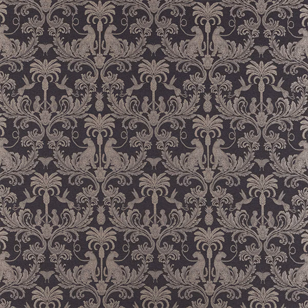 Charcoal damask fabric with taupe scrolling motif on a dark ground
