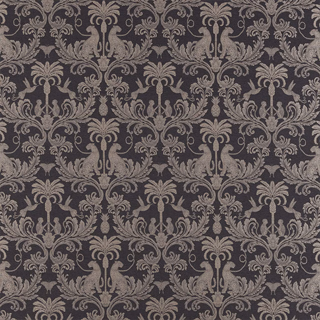 Charcoal damask fabric with taupe scrolling motif on a dark ground
