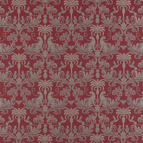 Deep crimson damask fabric with muted grey scrolling motif and large repeat