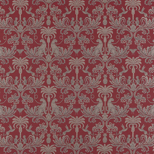 Deep crimson damask fabric with muted grey scrolling motif and large repeat