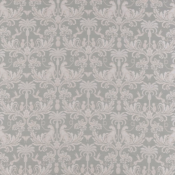 Pale seafoam green damask fabric with soft ivory scrolls and birds