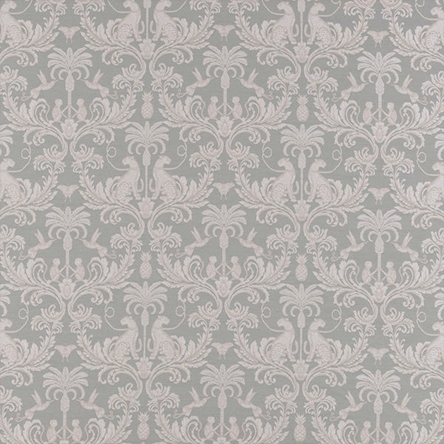 Pale seafoam green damask fabric with soft ivory scrolls and birds