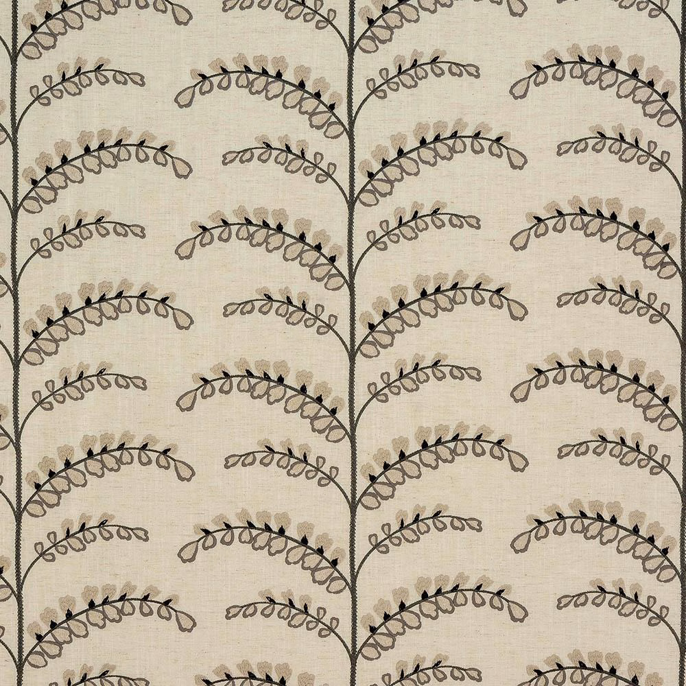 Cream-taupe patterned fabric swatch with charcoal scrolling leaf motifs