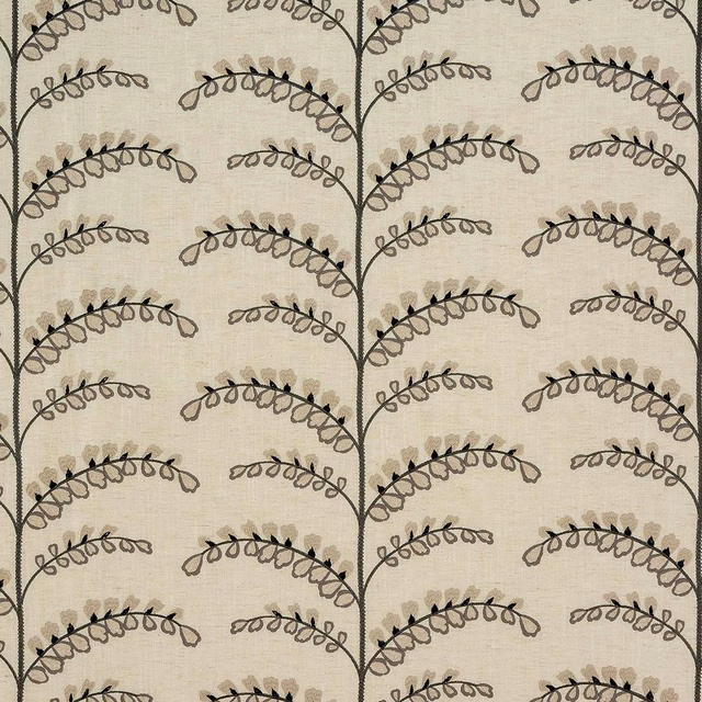 Cream-taupe patterned fabric swatch with charcoal scrolling leaf motifs