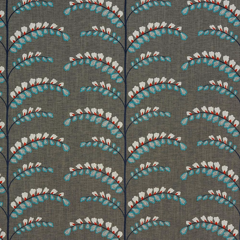 Grey woven fabric with repeating teal and cream arched leaf motif