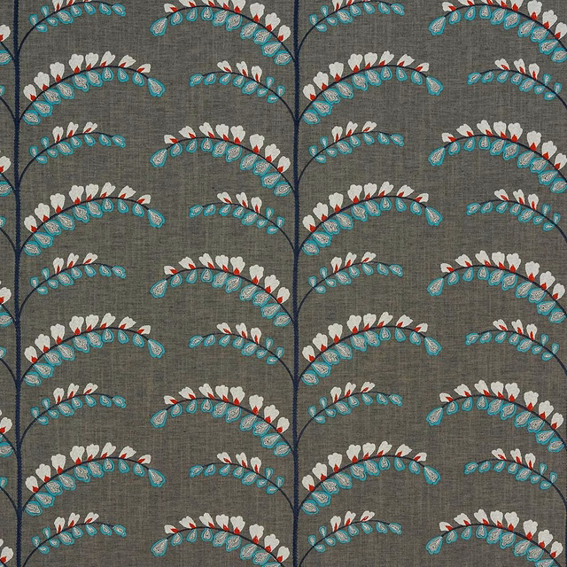 Grey woven fabric with repeating teal and cream arched leaf motif