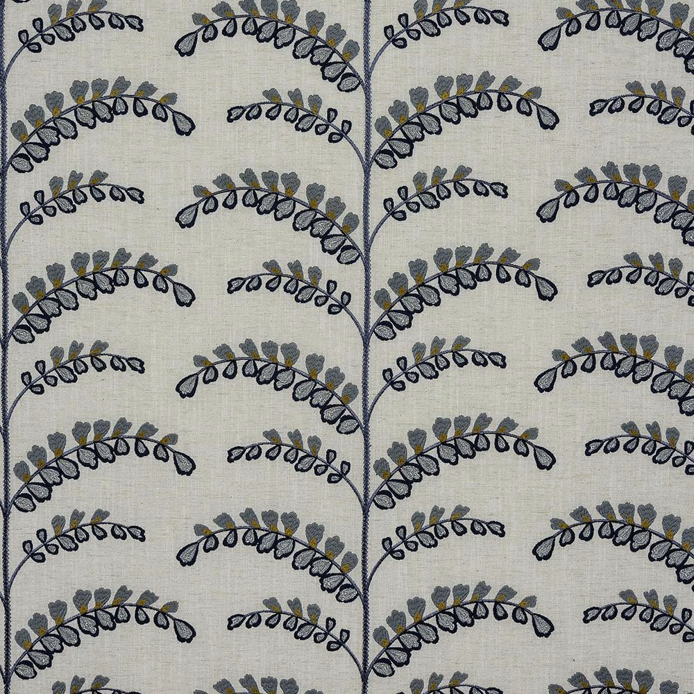 Indigo and grey arched botanical repeat on a natural linen-look fabric