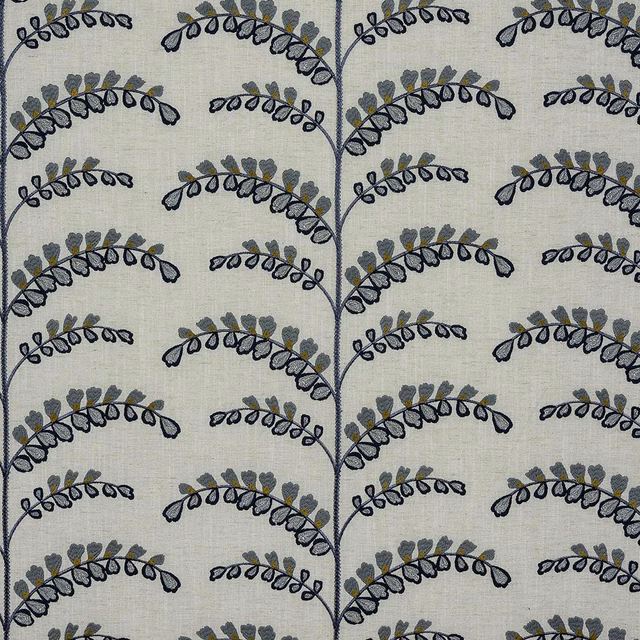 Indigo and grey arched botanical repeat on a natural linen-look fabric