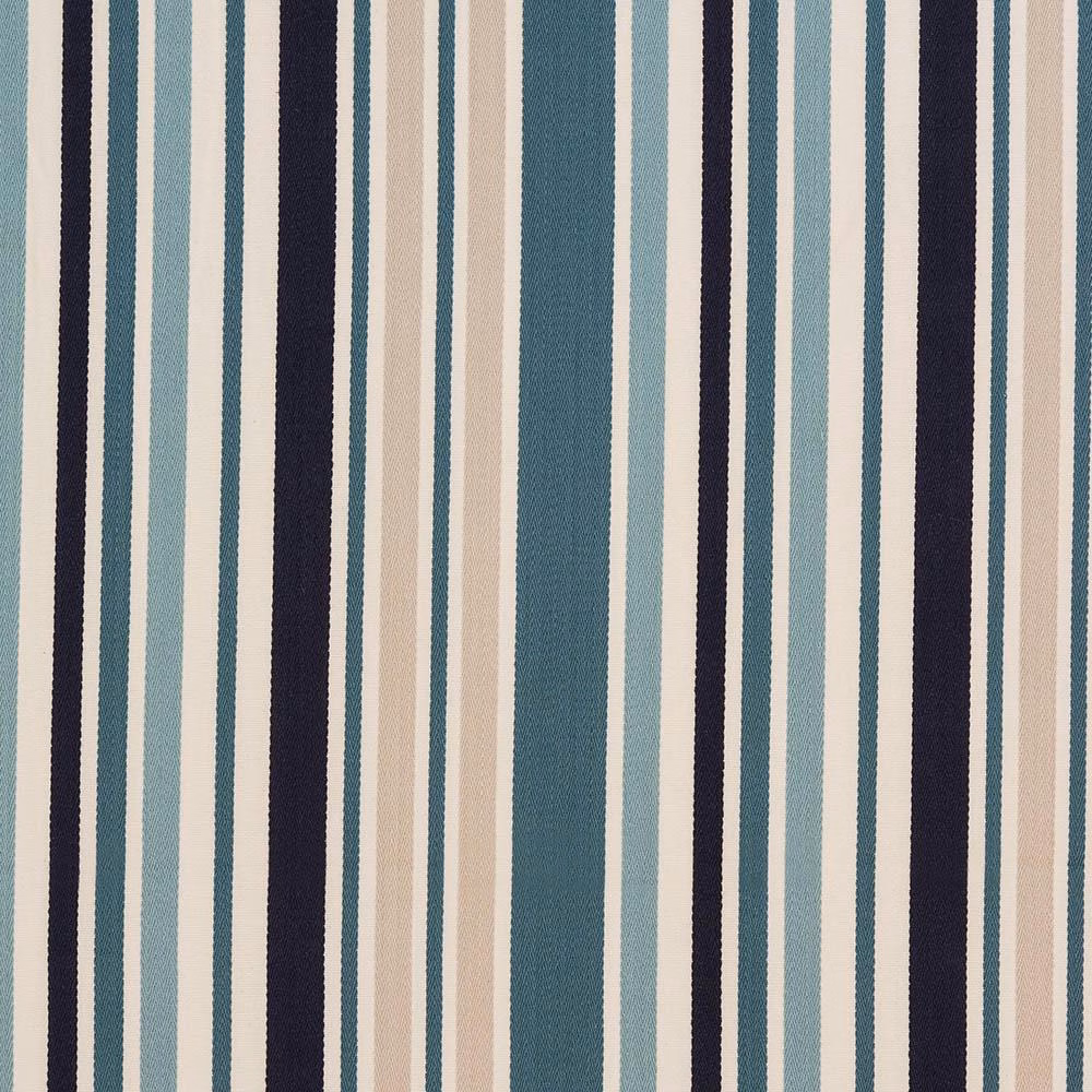 Vertical teal, navy and ivory striped cotton fabric swatch