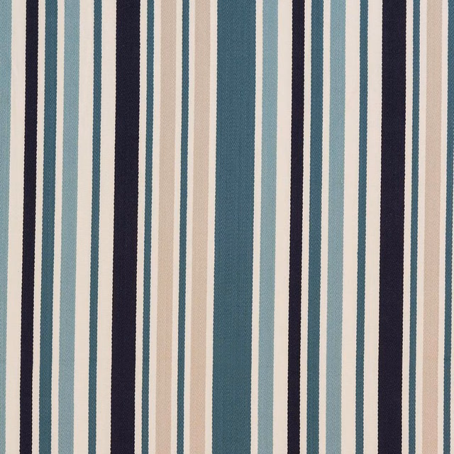Vertical teal, navy and ivory striped cotton fabric swatch
