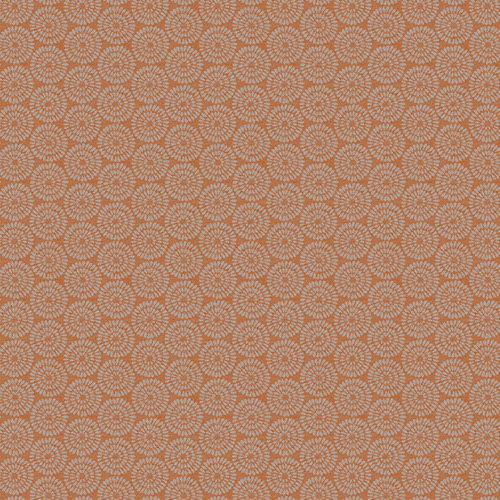 Burnt orange geometric fabric with small rosette repeat and pale circular detail