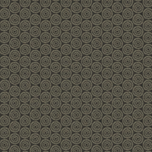 Charcoal woven fabric with a small circular floral repeat and muted grey texture