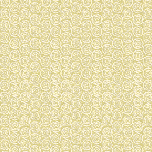 Pale ochre floral repeat fabric with small circular motif on cream ground