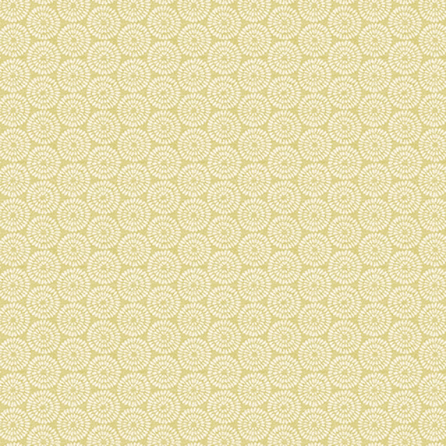 Pale ochre floral repeat fabric with small circular motif on cream ground