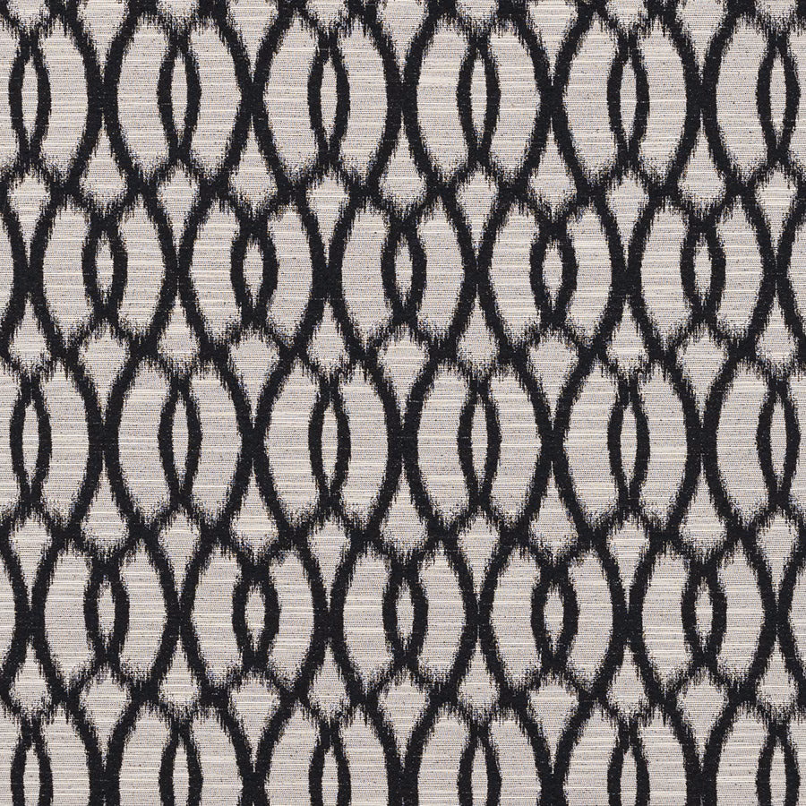 Grey fabric swatch with black looping geometric ovals and a lightly textured weave