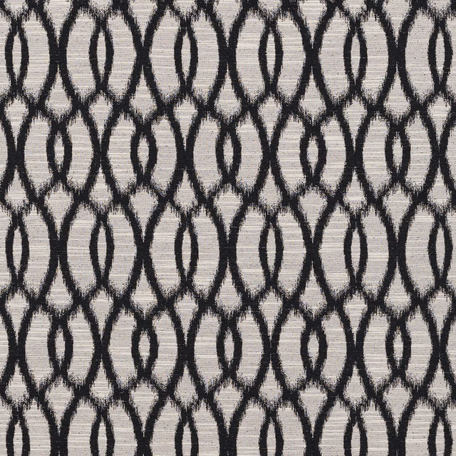 Grey fabric swatch with black looping geometric ovals and a lightly textured weave