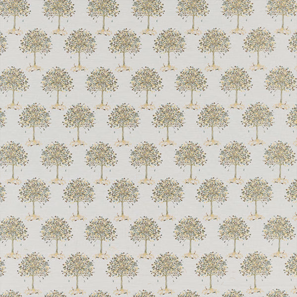 Cream fabric swatch with small repeating tree motifs in muted sage and gold