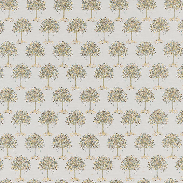 Cream fabric swatch with small repeating tree motifs in muted sage and gold