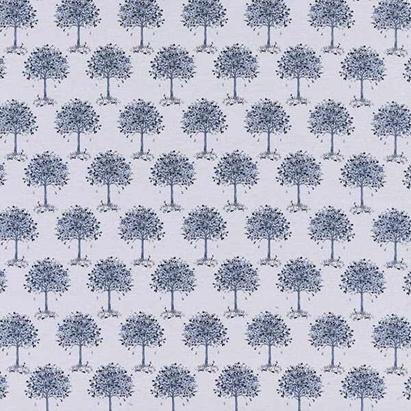 Pale blue tree repeat fabric with small trees on a light ground