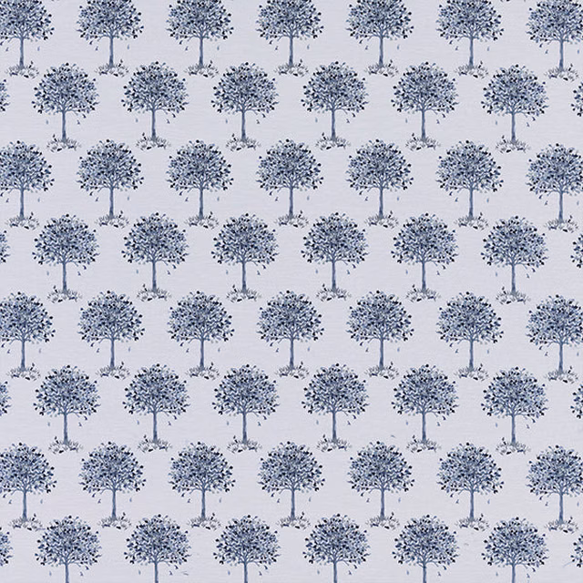 Pale blue tree repeat fabric with small trees on a light ground