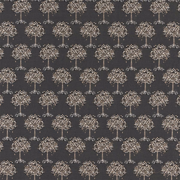Charcoal fabric with repeated small tree motifs in beige-grey